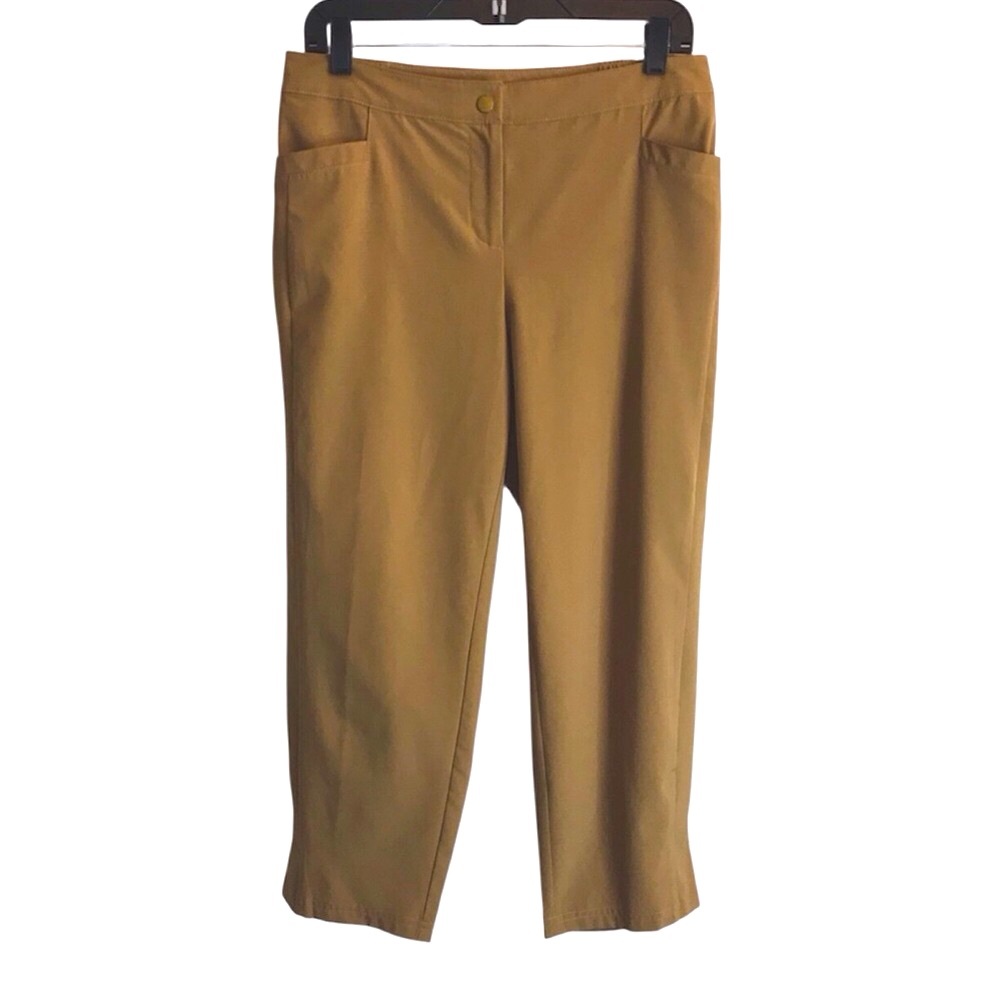 CHICOS Women’s 4/6 Zenergy Camel Tan Front Zip Cropped Pants w/pockets in EUC